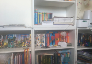 Półki z książkami.